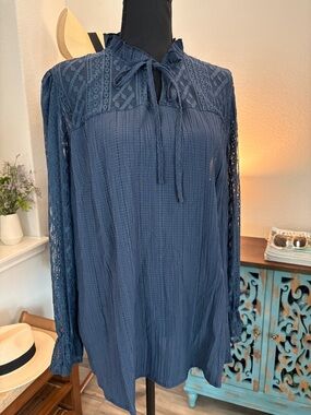 Navy Blue Lace Yoke Tie-Neck Blouse